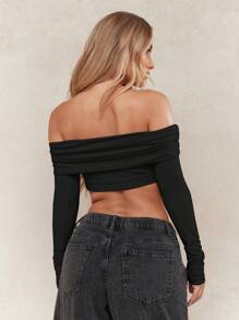 MISSGUIDED Top corto de mangas largas con detalle de nudo retorcido y busto fruncido