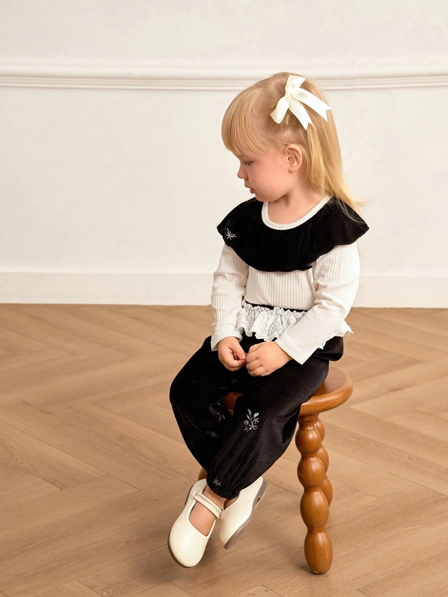 SHEIN 2pcs/Set Girls Embroidered Floral Collar Long Sleeve Top + Waistband Ruffle Cuffs Pants Set, Spring/Autumn - Black - View 1