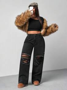 SHEIN MOD Plus Size Women Loose Fit Ripped Wide Leg Boyfriend Jeans, Fall Women Clothes