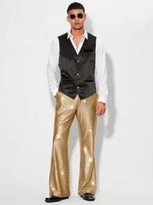 Manfinity BRENVOR Men's Fashion Metallic Gold Knit Casual Pants, Suitable For Banquet And Party