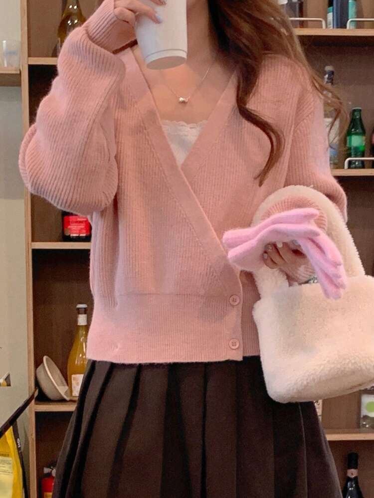 1pc Women's Solid Color V-Neck Long Sleeve Casual Cardigan Sweater,Fall Women Clothes