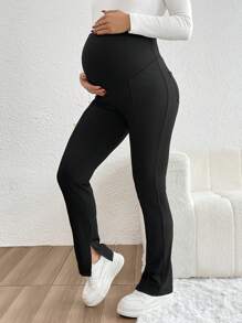 SHEIN Maternity Casual Solid Color High Waist Slim Fit Flare Leg Pants - Black - View 4