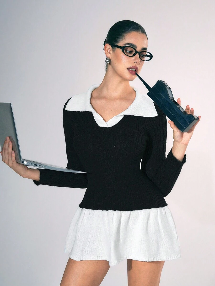 Flirla Robe pull nouvelle automne et hiver, robe simple casual avec col chemise contrastant et empiècement