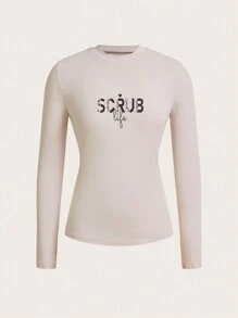VaVaBold Women's Letter Print Casual Crew Neck Long Sleeve T-Shirt