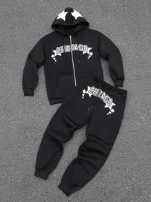 Manfinity LEGND 男士休闲字母印花长袖拉链连帽衫和运动裤套装秋季 - 黑色 - 查看 1