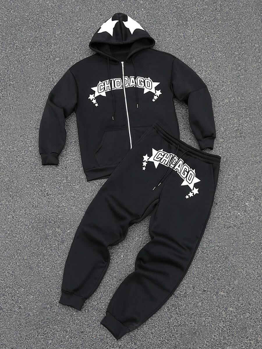 Manfinity LEGND 男士休闲字母印花长袖拉链连帽衫和运动裤套装秋季 - 黑色 - 查看 1