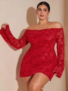 SHEIN BAE Plus Size Women's Black Off-Shoulder Jacquard Mesh Elegant Romantic Sweet Sexy A-Line Long Sleeve Ruched Dress, Autumn/Winter