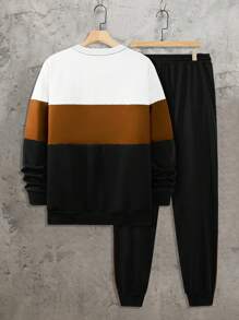 Manfinity Homme Plus Size Men 2pcs Letter Print Color Block Crew Neck Sweatshirt & Sweatpants Casual Loose Suit, Autumn