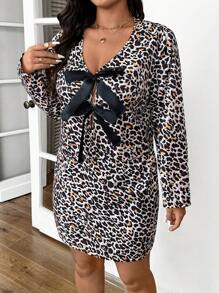 SHEIN Frenchy Plus Size Women's Leopard Print Bow Decor Long Sleeve Top And Skirt Set, Fashion Outfit For Autumn