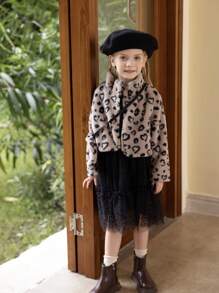 SHEIN Ensemble veste de Top à motif léopard doux et jupe en tulle noir, élégant et mode, tenue décontractée et mignonne. Confortable pour l'automne/l'hiver - Noir - Voir 5