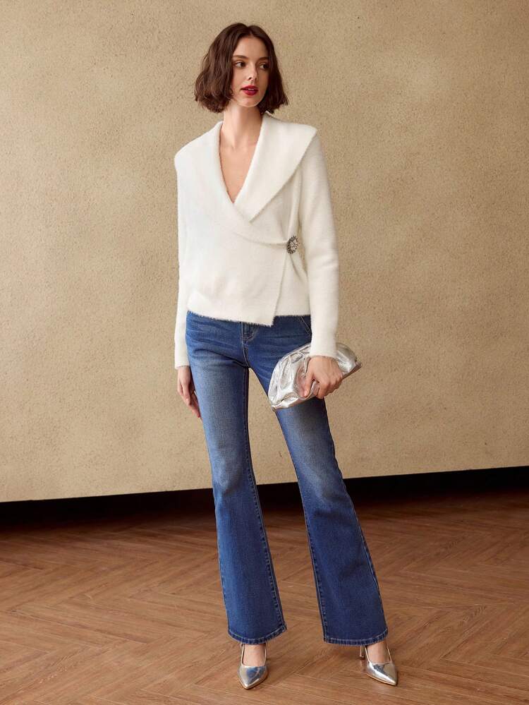 CARDIGAN CON CUELLO DE MARINERO SÓLIDO, ENVOLVER CON RHINESTONES A LOS LADOS