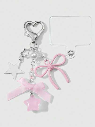 Kawaii 2 piezas Estilo coreano INS lindo minimalista de alta calidad cadena plateada con estrella, lazo de cinta rosa falso perla, accesorio de teléfono con lazo de estrella y corazón, llavero y colgante para bolso, incluye clip anti-pérdida, adecuado para mujeres y niñas, excelente como accesorio diario o regalo