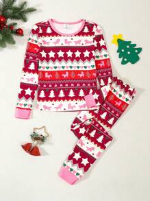 1 套 Tween Girl 节日印花紧身上衣和紧身裤，舒适家居服，适合圣诞节 - 紅色 - 查看 1