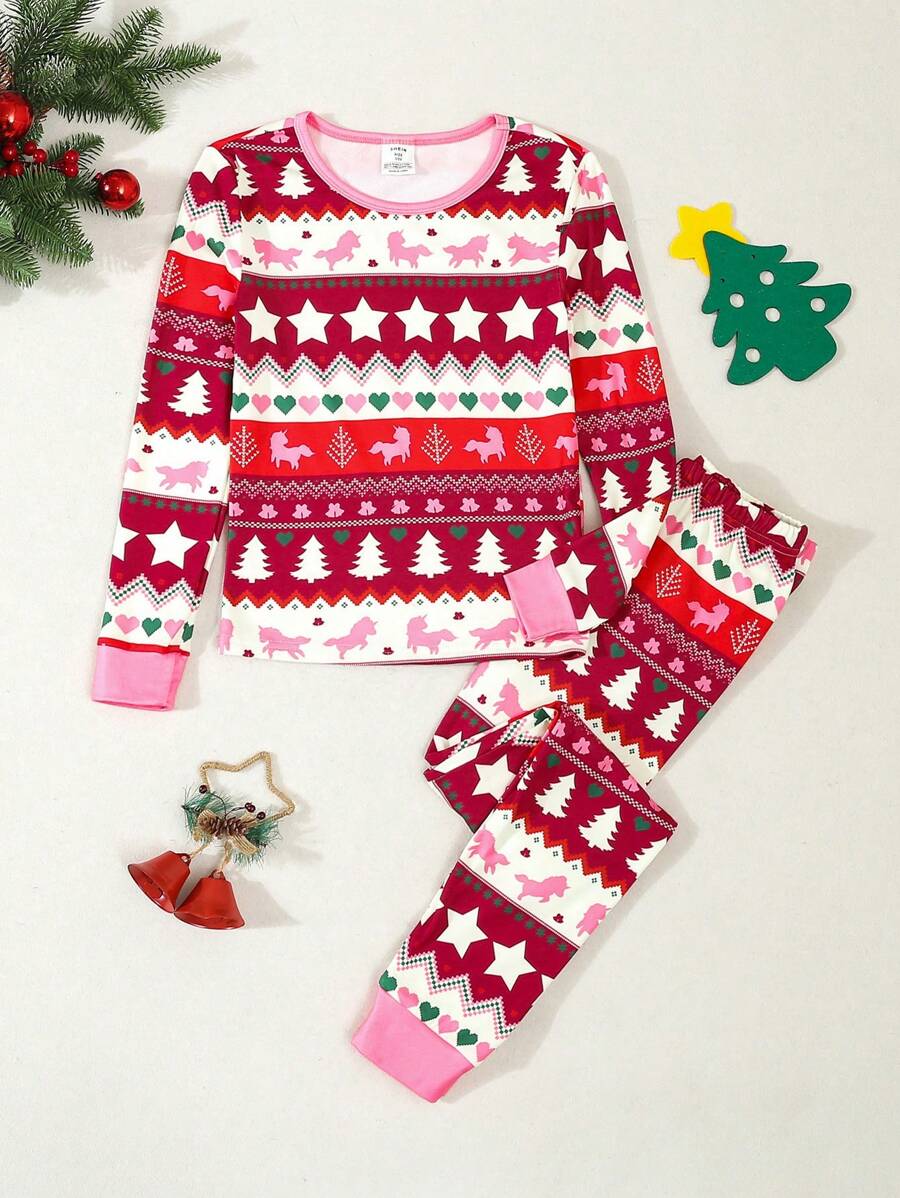 1 套 Tween Girl 节日印花紧身上衣和紧身裤，舒适家居服，适合圣诞节 - 紅色 - 查看 1