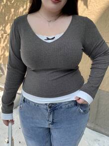 Dazy Plus Plus Size Contrast Color Lace Bow Decor V-Neck Slim Fit Tee Shirt, Suitable For Spring, Summer, Autumn, Back To School Clothes Long Sleeve Women Tops,Fall Women Clothes