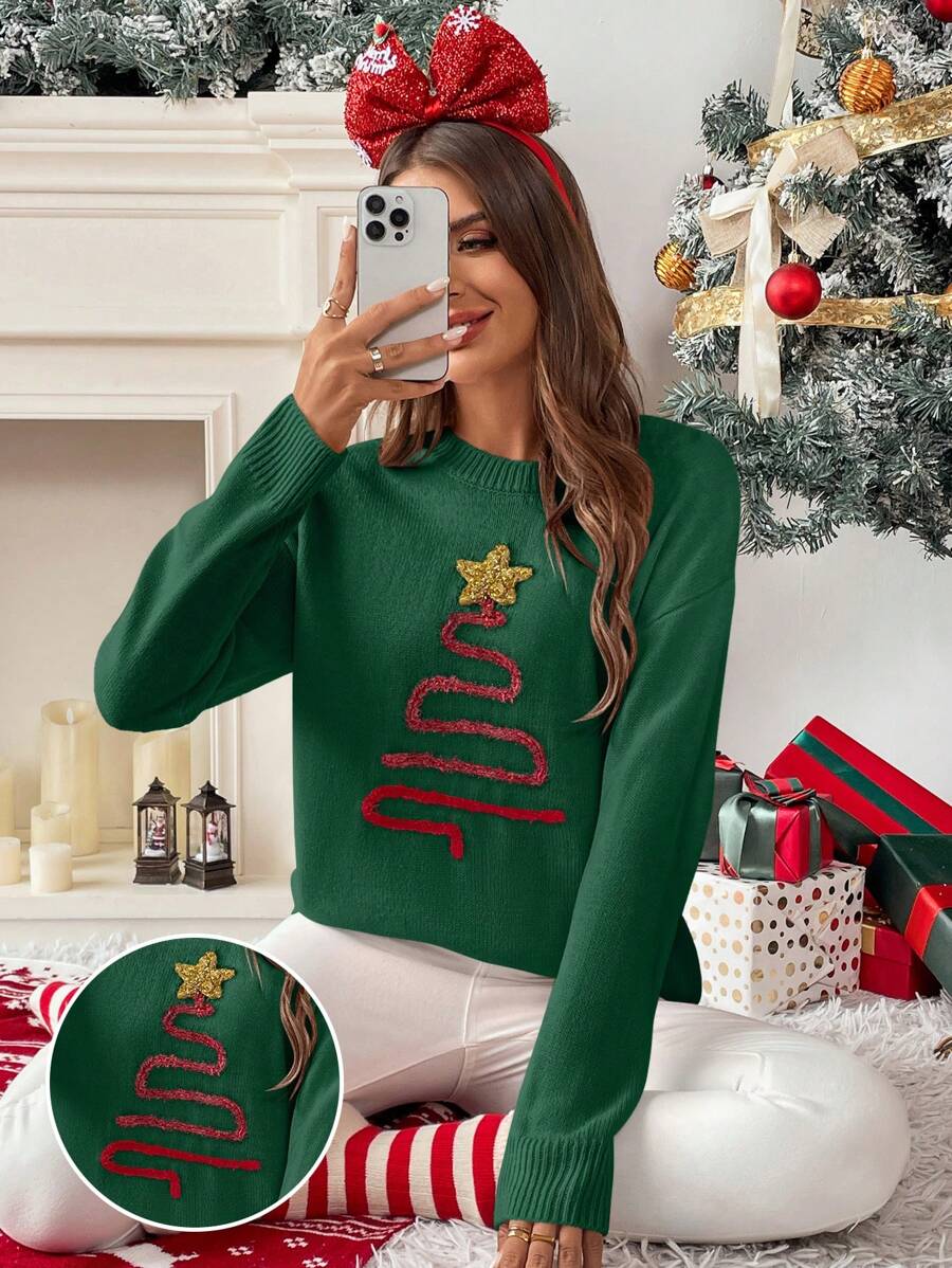 Chiquease Áo len nữ cổ tròn họa tiết cây thông Noel và ngôi sao, ấm áp, thích hợp mặc mùa thu đông. - màu xanh lá - Xem 1