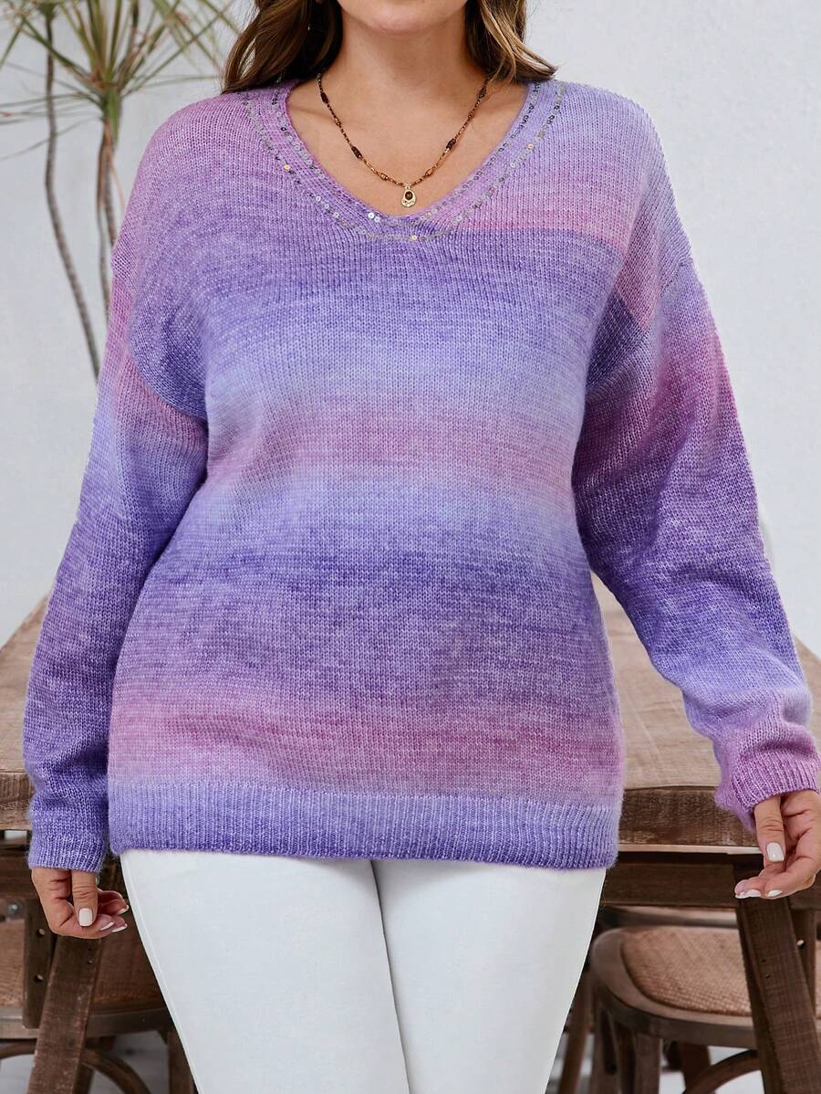 EMERY ROSE Áo len rộng cổ chữ V đính đá pha lê gradient cỡ lớn cho nữ, thời trang thu đông - Màu tím - Xem 1