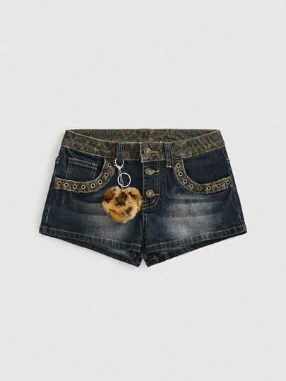 Grunge Punk Vintage Y2K Kpop Gyaru Sexy Low-Waist Leopard Patchwork Distressed Street Style Heart Leopard Print Pendant Super Low Waist Denim Shorts