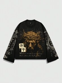 ROMWE MEN Street Life Men's Jesus Graphic Print Pullover Sweatshirt, Casual For Spring And Summer