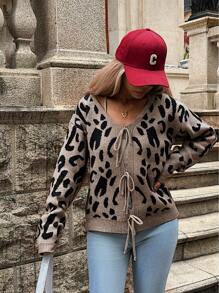 Chiquease Women's Front Tie Long Sleeve Leopard Pattern Detail Minimalist Blouse Knit Pullover Fall Winter Outfit - Multicolor - View 3