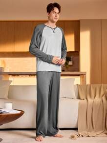 Manfinity Underwear&Sleepwear Basics Conjunto de pijama de manga larga con bloque de color en contraste y pantalones para hombre