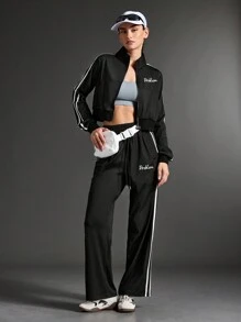 SHEIN Sports 女士纯色拼接前拉链长袖休闲上衣和裤子运动套装健身套装 - 黑色 - 查看 1