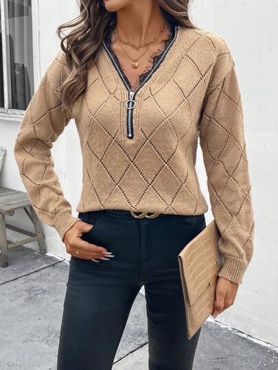 SHEIN LUNE Women Casual Lace Patchwork Half-Zip Pullover Sweater Knit Pullover Fall Winter