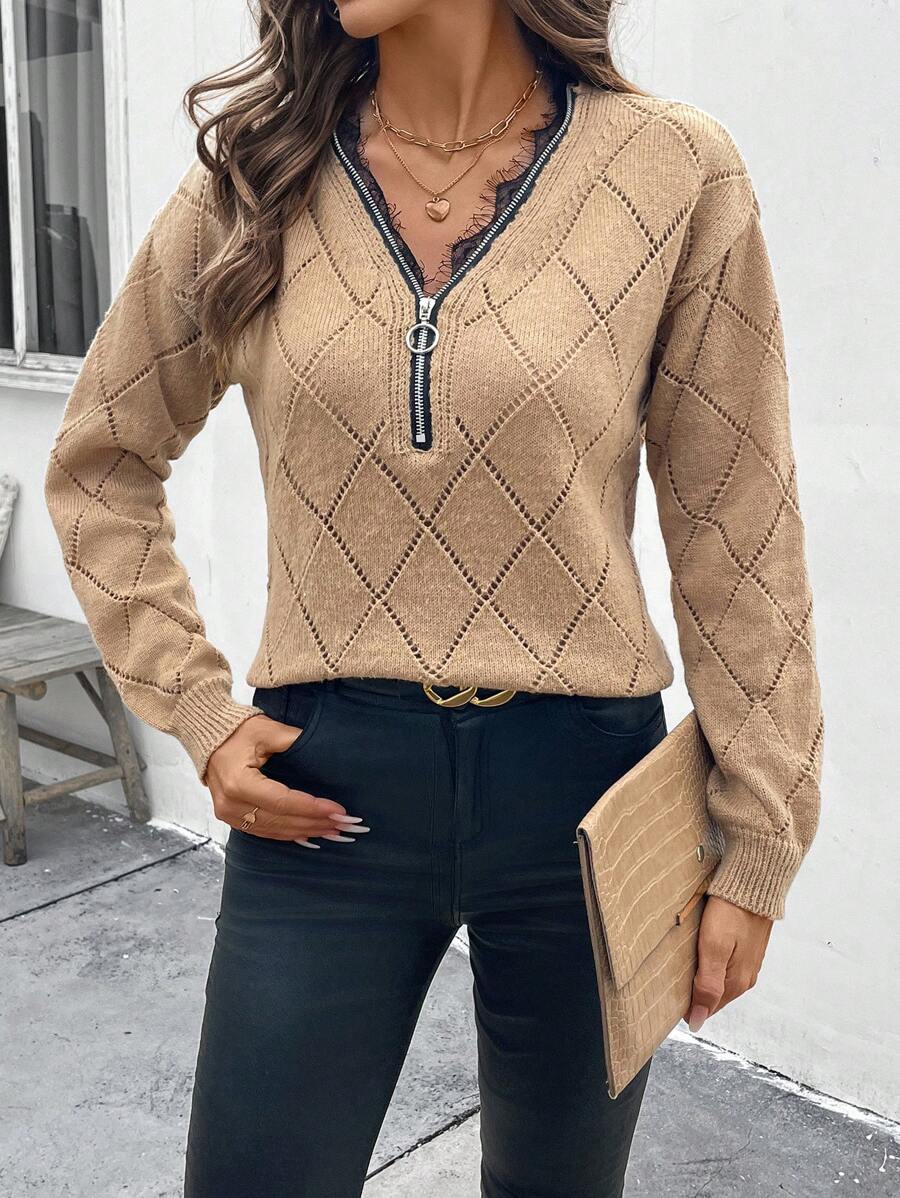SHEIN LUNE 女士休闲蕾丝拼接半拉链套头毛衣针织衫秋冬款 - 卡其色 - 查看 1