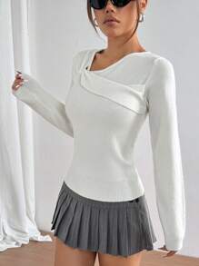 Flirla 1 buc. Pulover alb casual răsucit, tricotat, elastic, moale, pentru femei, top tricotat, pulover toamnă-iarnă - alb - Vizualizare 5