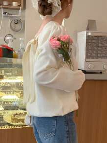 DAZY 1 pieza Suéter casual de mujer con lazo y espalda descubierta de manga larga, ropa de mujer de otoño - Albaricoque - Ver 8