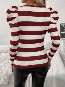 SHEIN Clasi Áo thun bodycon tay dài họa tiết sọc cổ tim cho nữ, thanh lịch cho mùa thu/đông, áo thun họa tiết cho nữ mùa xuân - Màu Đỏ Sâu - Xem 2