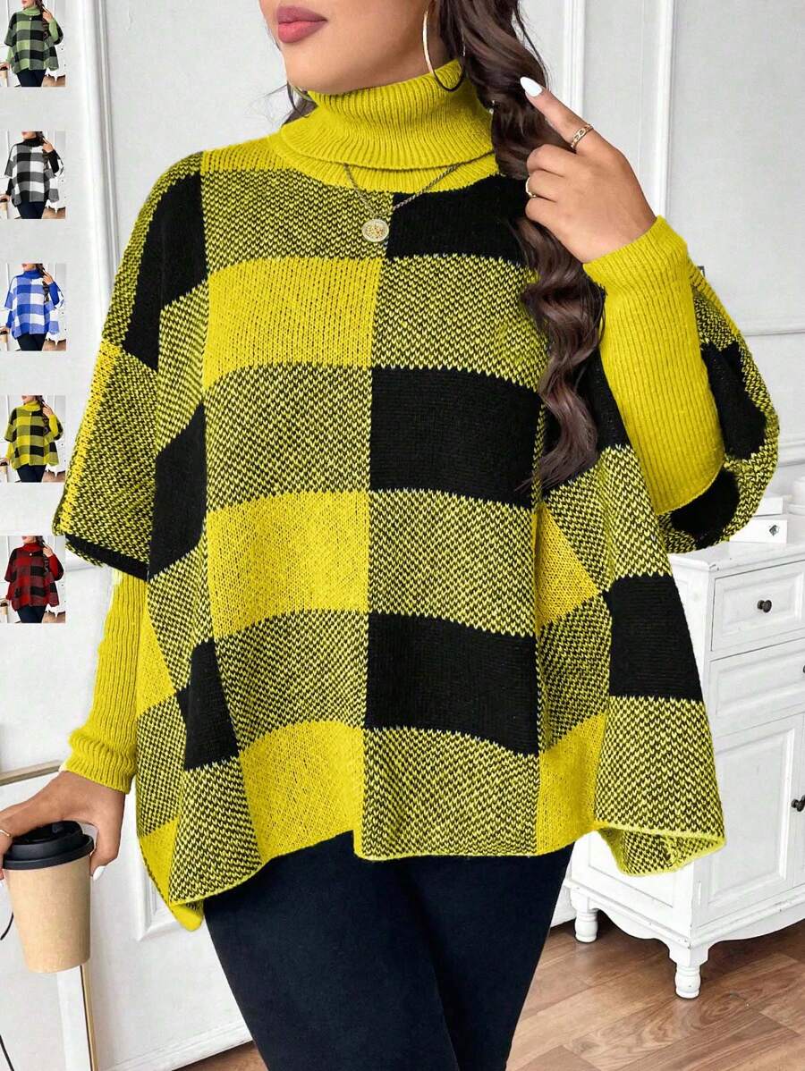 SHEIN Unity Plus Size Plaid Asymmetric Hem Casual Crew Neck Long Sleeve Sweater Knit Pullover Fall Winter - Yellow - View 1