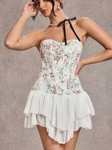 SHEIN BAE Váy ngắn cổ tim xếp nếp thêu hoa thanh lịch, mùa hè - trắng - Xem 4