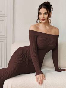 Modelyn 1pc Women Solid Color Off-Shoulder Fitted Elegant Long Sleeve Knit Dress - Coffee Brown - View 8