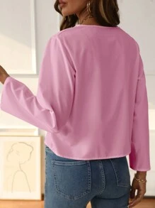 INAWLY Plus Size V-Neck Front Tie Casual Long Sleeve Shirt - Pink - View 2