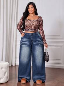 SHEIN CURVE+ Quần Jeans Ống Rộng Màu Xanh Cổ Điển Cỡ Lớn Cho Nữ - Rửa trung bình - Xem 6