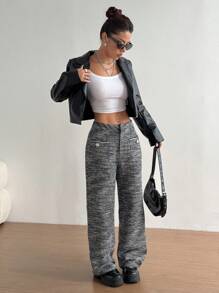 SHEIN Unity 1 Piece Black&White Woollen Wide-Leg Pants,Women's Autumn Elegant Office Casual Long Trousers With Patch Pockets,Decorative Buttons Low Waist Cloth - Black and White - View 5