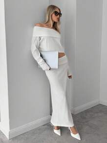 SHEIN Essnce 2pcs Women's Elegant Solid Color Off-Shoulder Top And Skirt Set, Spring/Autumn - White - View 4
