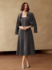 MOTF PREMIUM TWEED FAUX PEARL TRIM FLAP DETAIL JACKET - Dark Grey - View 5