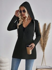 EMERY ROSE Women's Regular Fit Drawstring Hooded Jacket - Black - View 3