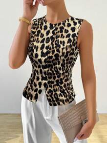 Chiquease Women Front Button Sleeveless Minimalist Casual Leopard Cheetah Print Lightweight Blazer - Multicolor - View 6