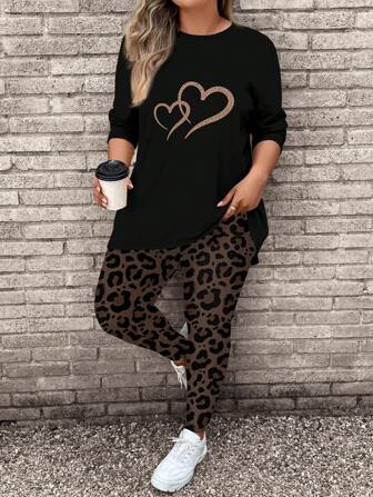 Le freak c est chic Conjunto de 2 piezas talla grande para mujer con camiseta de manga larga de ajuste holgado con estampado de leopardo y corazón, y pantalones de yoga, atuendo casual para otoño/invierno, vacaciones, Día de San Valentín, festivales