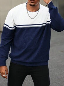 Manfinity Homme Áo len dệt kim cổ tròn kẻ sọc cỡ lớn cho nam, Thu/Đông, Áo len sọc cho nam, Áo len xanh navy cho nam, Áo len dài tay cho nam, Áo len dệt kim cho nam, Áo len phối màu cho nam - Màu xanh hải quân - Xem 3