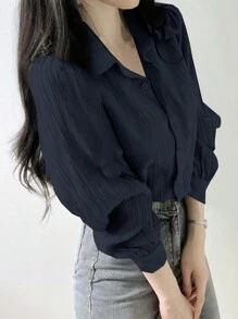 DAZY Áo cánh rộng xếp ly màu trơn dành cho nữ, màu xanh navy, thời trang xuân/hè/thu, áo dài tay mùa thu dành cho nữ - Màu xanh hải quân - Xem 5