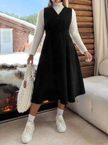 SHEIN EZwear 秋冬季大码纯色正面纽扣简约休闲灯芯绒连衣裙 - 黑色 - 查看 5