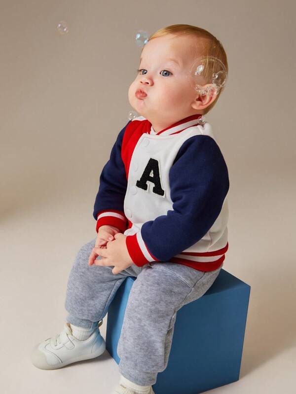 SHEIN 1pc Baby Boys Casual Daily Sporty Simple Fun Letter A Embroidered Color Blocking Baseball Jacket, Suitable For Outdoor Sports, School, Autumn/Winter