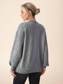 SHEIN Pregnant Women Loose Fit Solid Color Round Neck Drop Shoulder Long Sleeve Front Tie Cardigan Sweater, Autumn/Winter, For Maternity - Grey - View 2