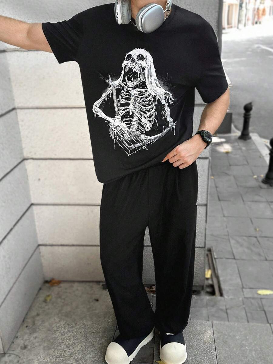 Manfinity VCAY 2 件套男士休闲针织短袖 T 恤和松紧腰直筒裤套装 - 黑色 - 查看 1
