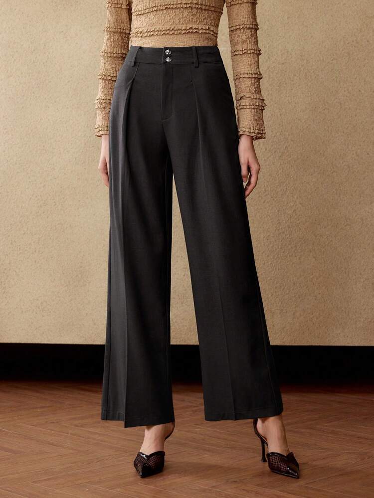 SOLID FOLD PLEATED WIDE LEG SUIT PANTS