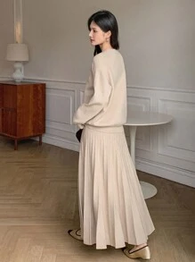 DAZY 2pcs/Set Women Crew Neck Sweater & Pleated Skirt Suit Fall